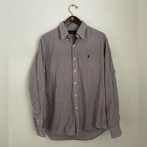 Ralph Lauren brown and white gingham button down with iconic logo